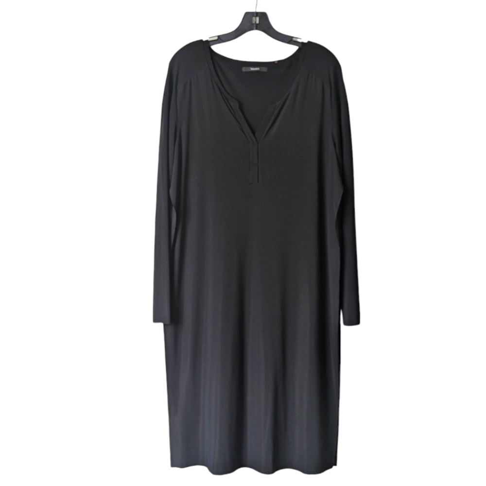 Tahari V-Neck Mixed Fabric Long Sleeve Midi Dress with Overlay Black Medium